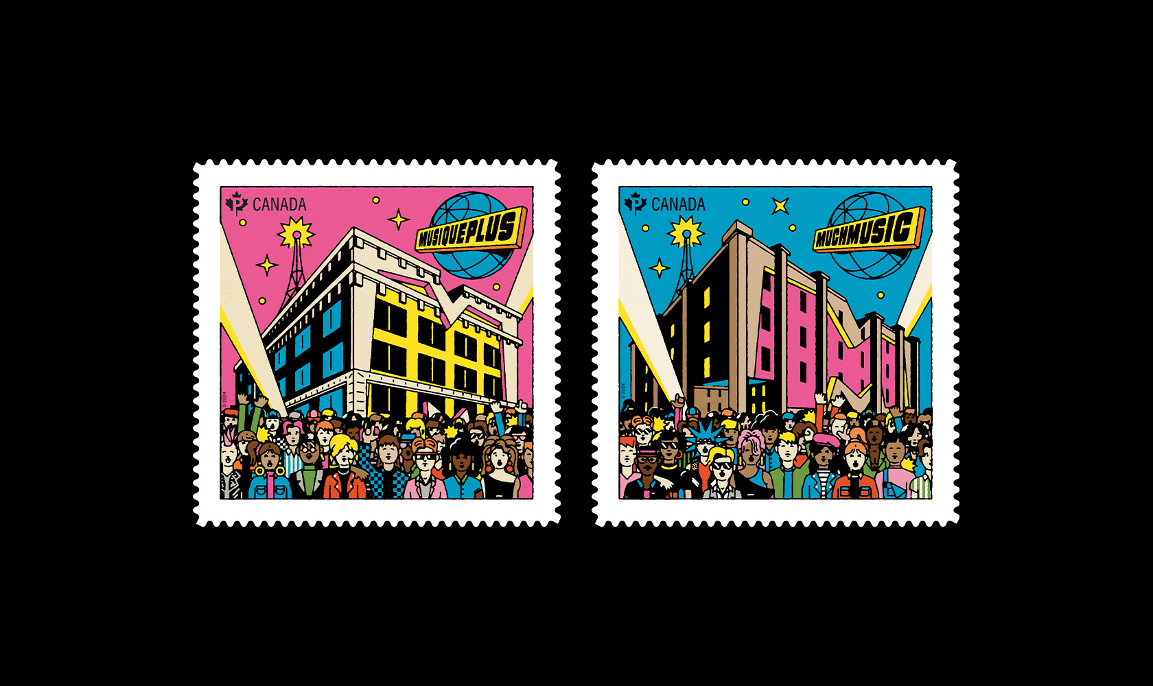 The MuchMusic and MusicPlus stamps feature colourful illustrations depicting crowds gathered outside the iconic studios in Toronto and Montréal.