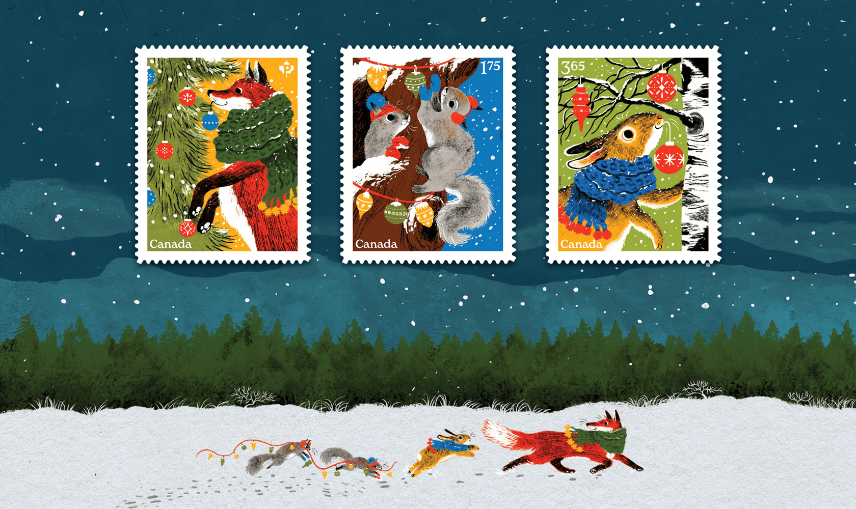 The three holiday stamps feature illustrations of a fox, squirrels and a rabbit cheerily decorating their homes for the holidays.