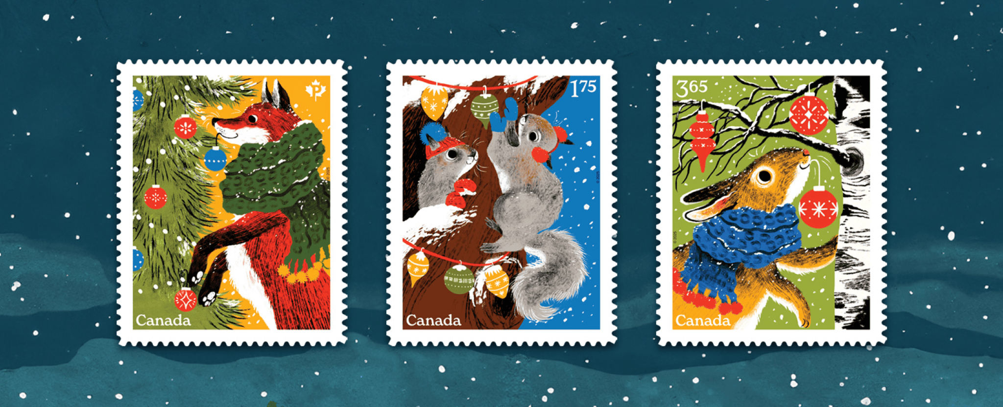 The three holiday stamps feature illustrations of a fox, squirrels and a rabbit cheerily decorating their homes for the holidays.