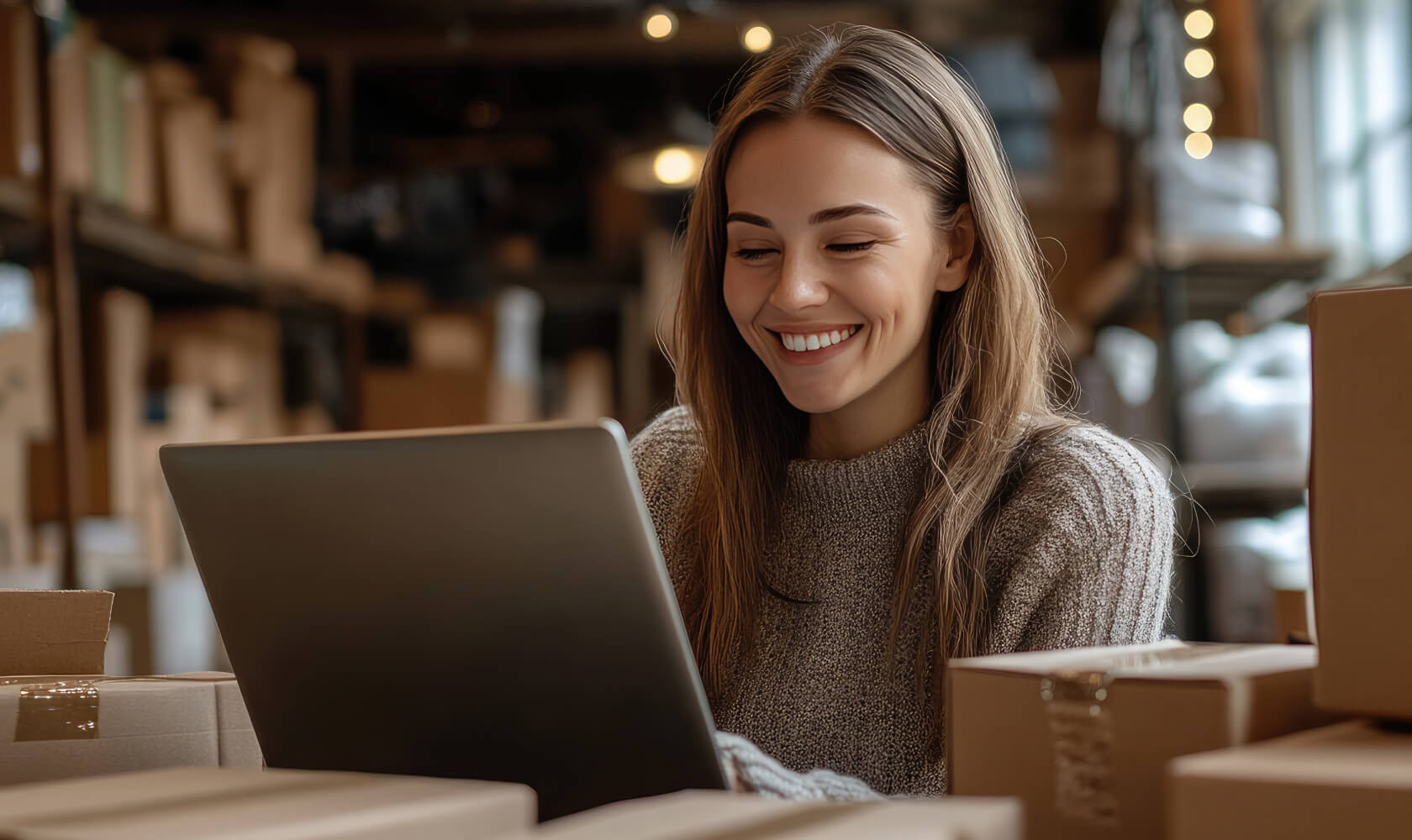 A smiling woman works on a laptop in a warehouse. There are cardboard boxes on the table next to her and in the background.