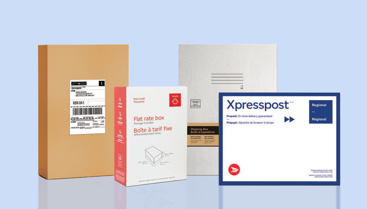 Canada Post packaging products, including a flat rate box, Xpresspost envelope, cardboard shipping box and padded mailer.