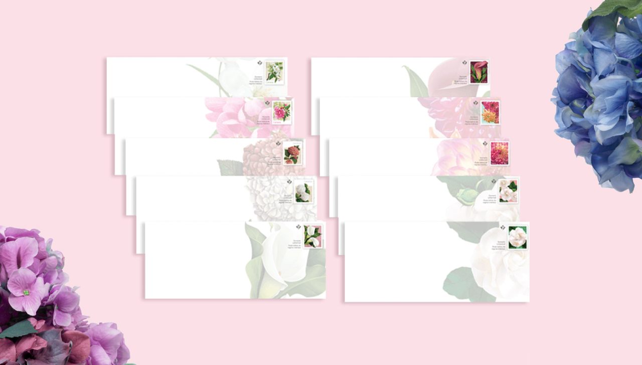 Stamped envelopes from Canada Post’s flower stamp issues.