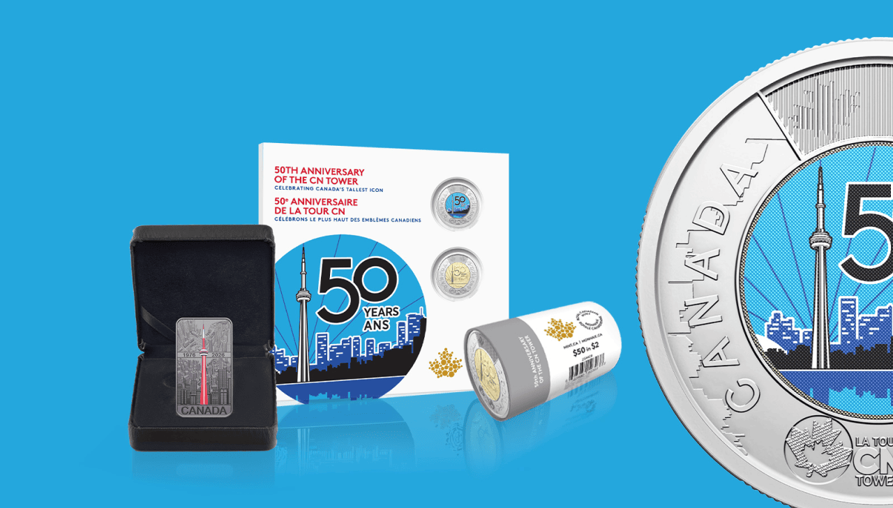 CN Tower 50th Anniversary Collectibles including the Fine Silver Coin, Commemorative Collector Keepsake Card and Special Wrap Roll.