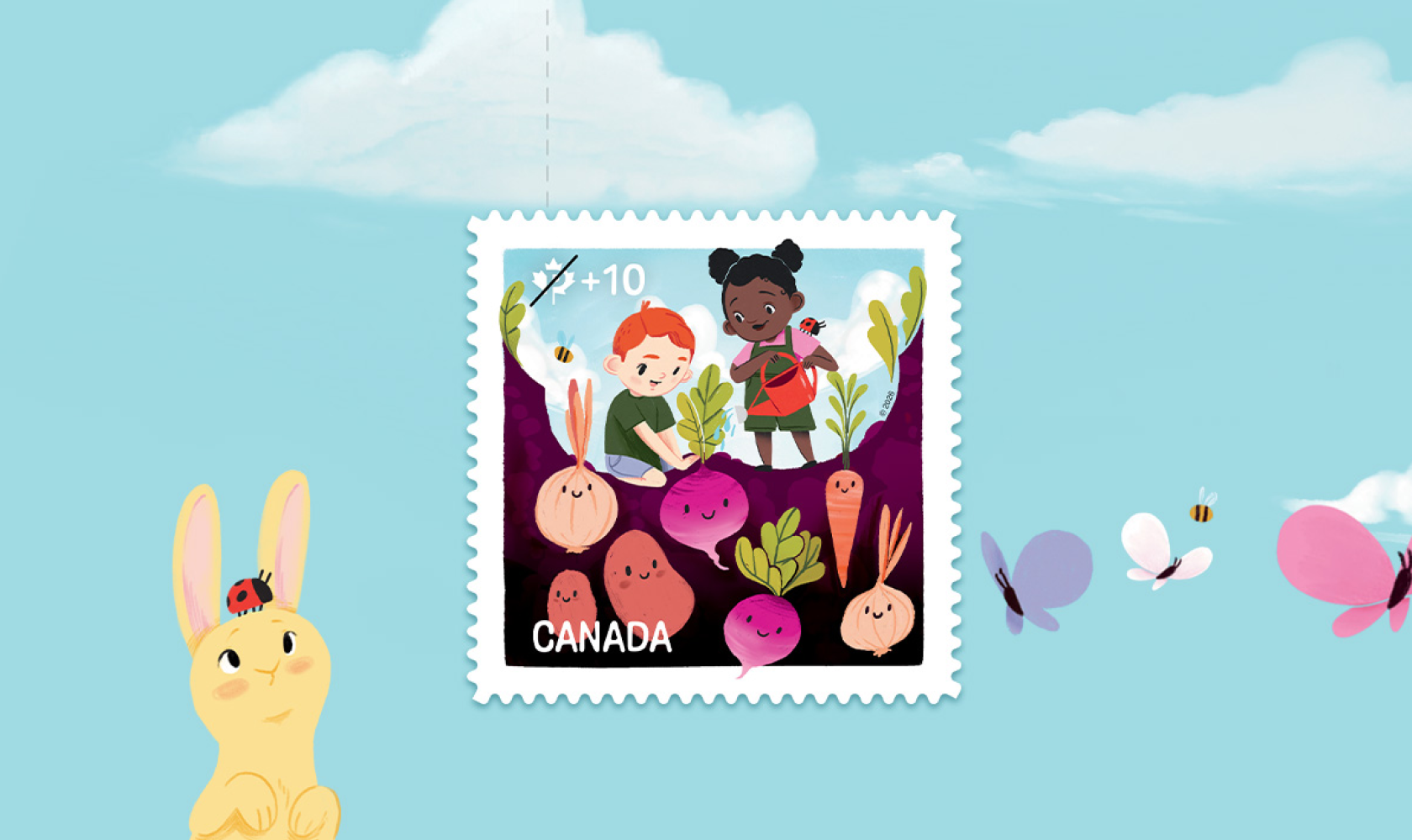 Community Foundation fundraising stamp features an illustration of 2 smiling children gardening root vegetables.