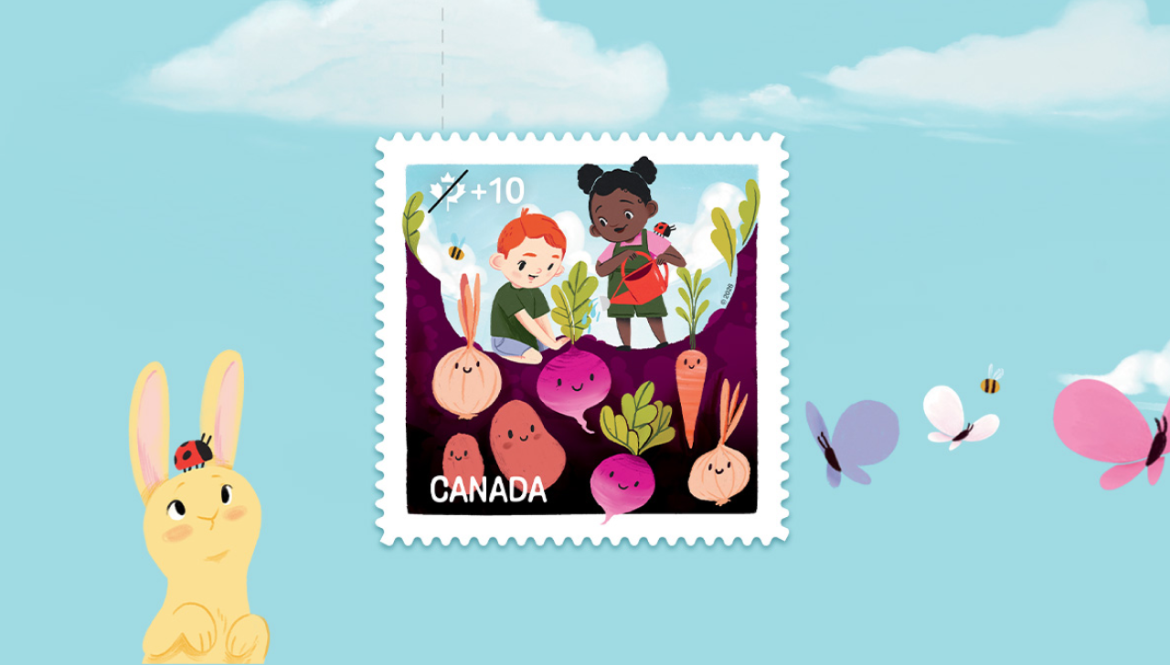 Community Foundation fundraising stamp features an illustration of 2 smiling children gardening root vegetables.