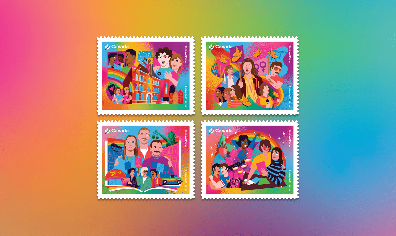 The 4 “Places of Pride” stamps showing 2SLGBTQIA+ spaces in Canada: meeting spots, safe spaces, protest sites and community gathering spaces.