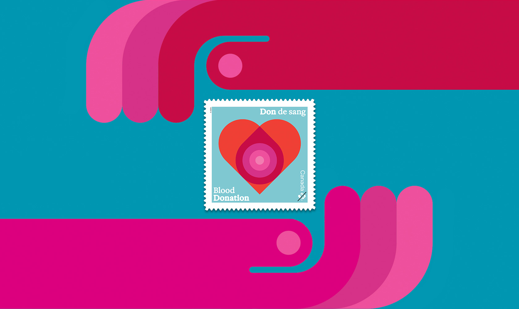Abstract illustration of 2 curved hands framing a postage stamp with a red heart and the text “Don de sang / Blood Donation” on a teal background.