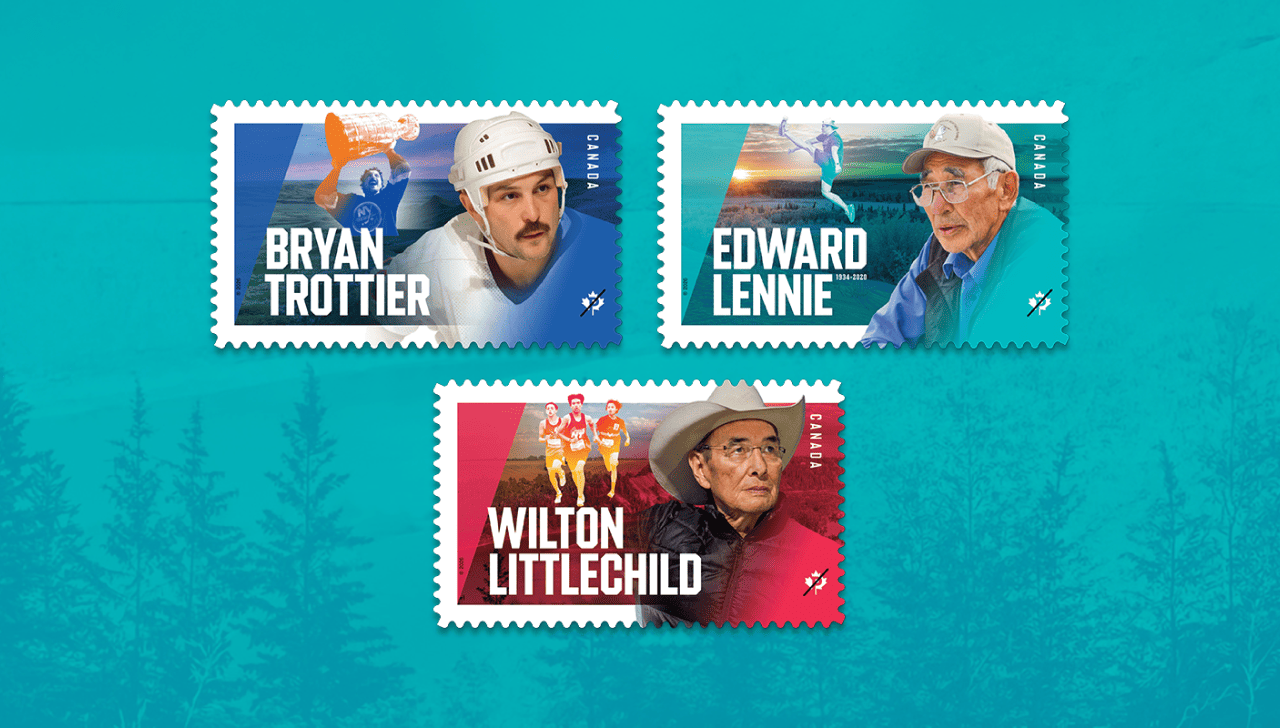 3 Indigenous Leaders stamps on teal background with portraits of Bryan Trottier, Edward Lennie and Wilton Littlechild, in blue, teal, and red blocks.