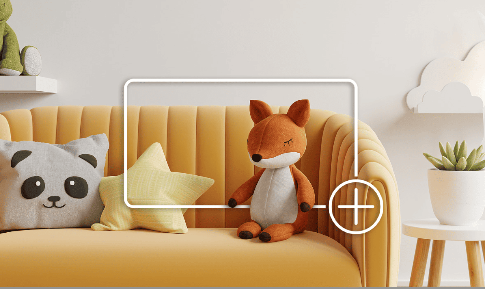 Yellow sofa with a plush fox toy sitting beside a panda-face pillow and a yellow star-shaped cushion against a neutral wall. 