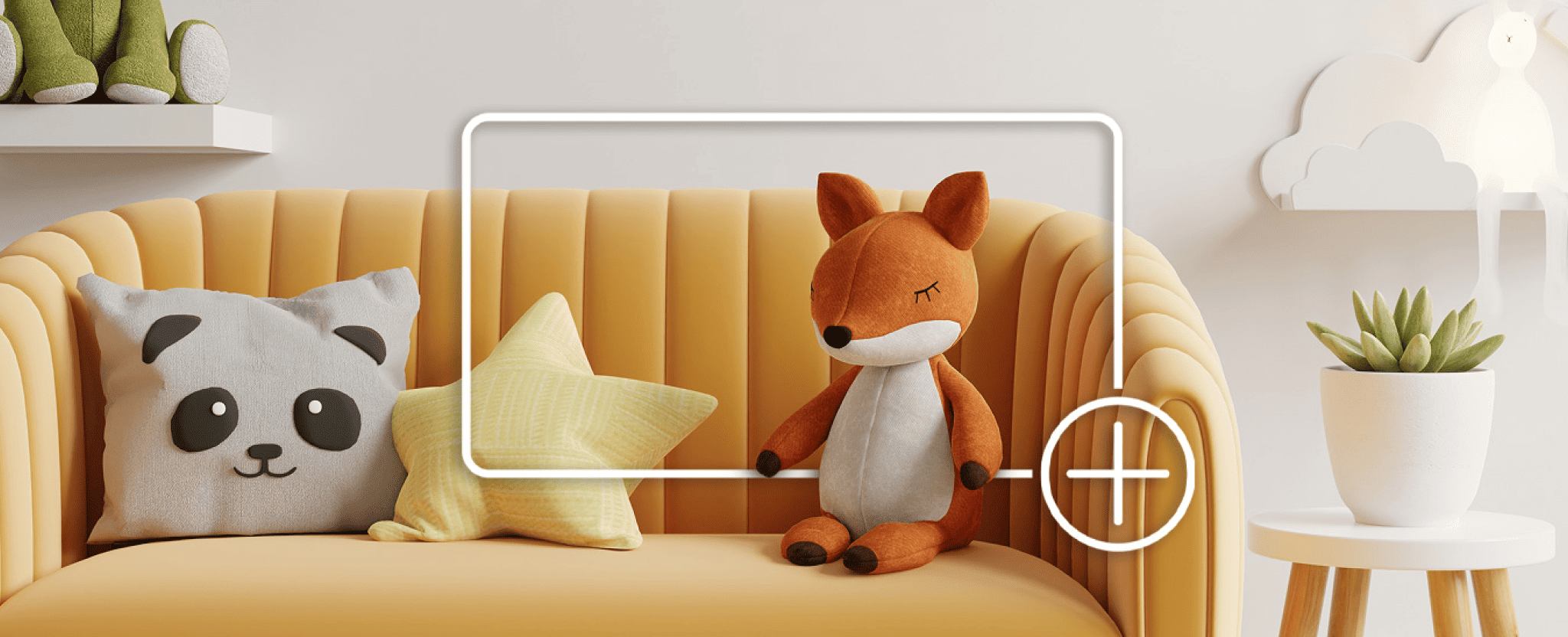 Yellow sofa with a plush fox toy sitting beside a panda-face pillow and a yellow star-shaped cushion against a neutral wall. 