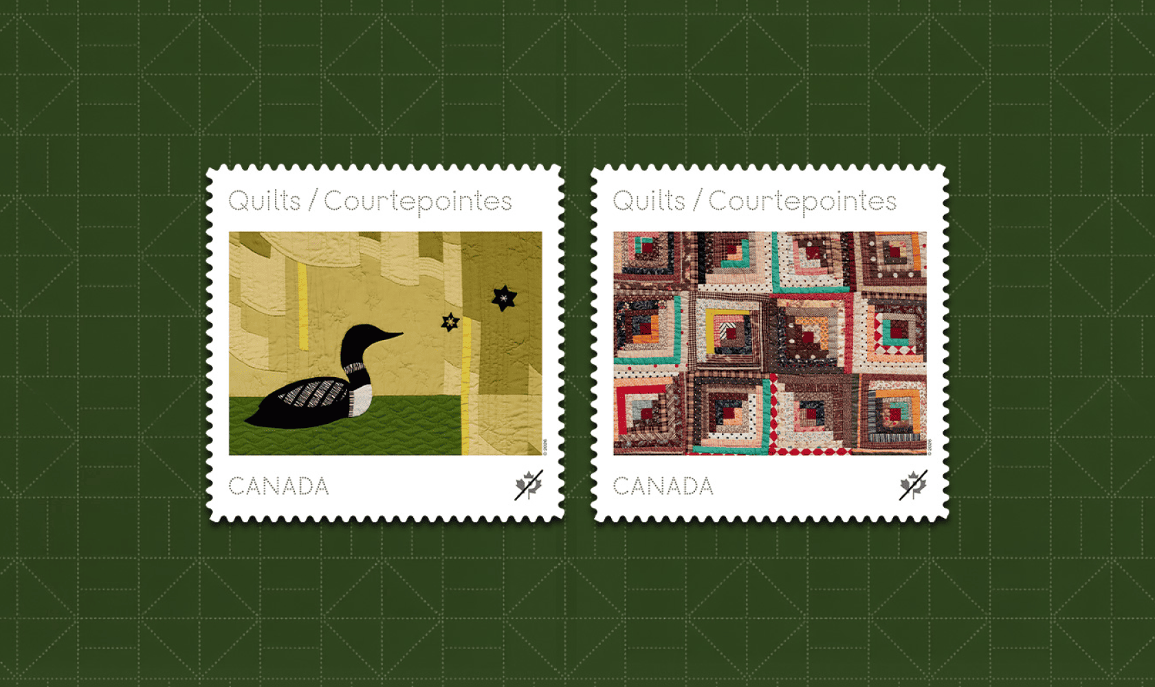Canada Post quilt stamps featuring <em>Northern Night</em> (1956), a quilted loon beneath the Big Dipper and North Star, and an 1890s log cabin patchwork quilt.