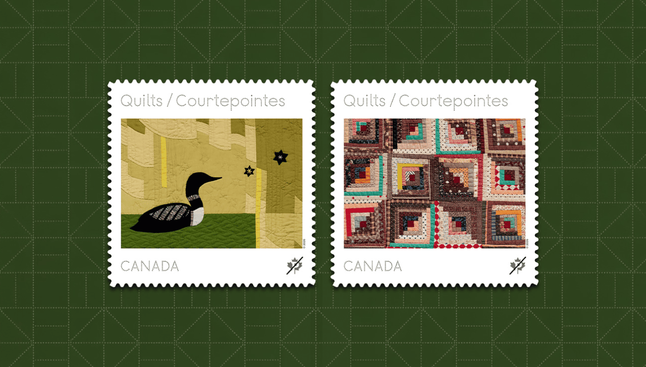 Canada Post quilt stamps featuring <em>Northern Night</em> (1956), a quilted loon beneath the Big Dipper and North Star, and an 1890s log cabin patchwork quilt.