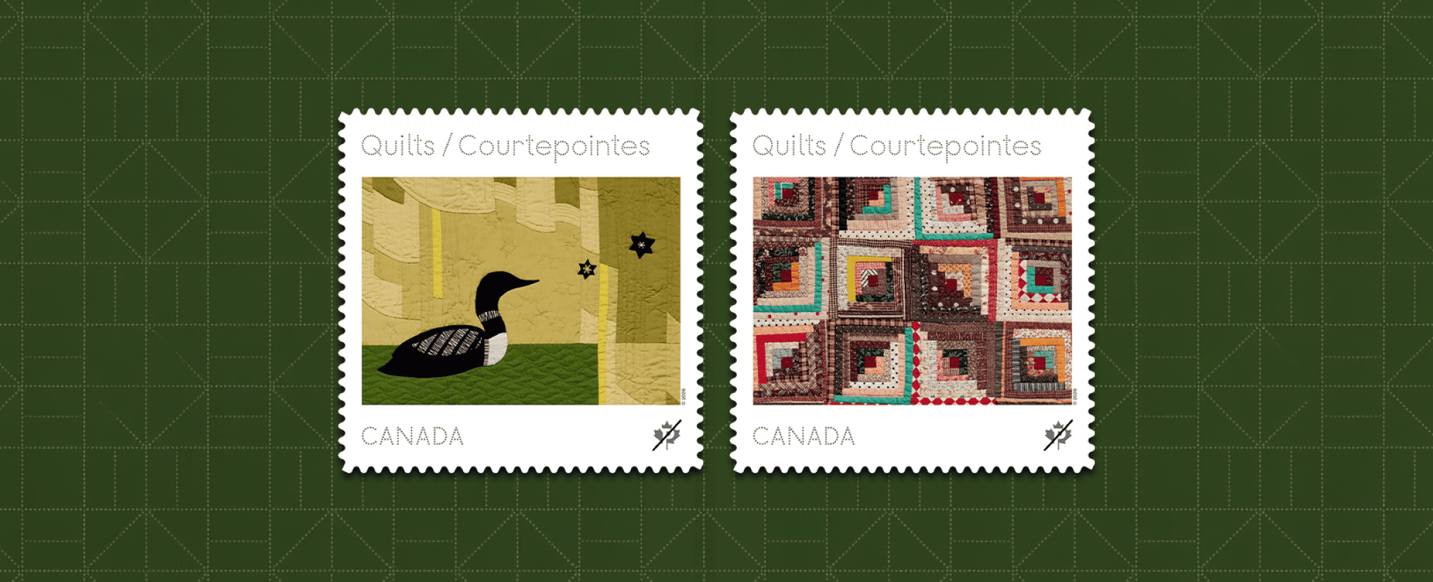 Canada Post quilt stamps featuring <em>Northern Night</em> (1956), a quilted loon beneath the Big Dipper and North Star, and an 1890s log cabin patchwork quilt.