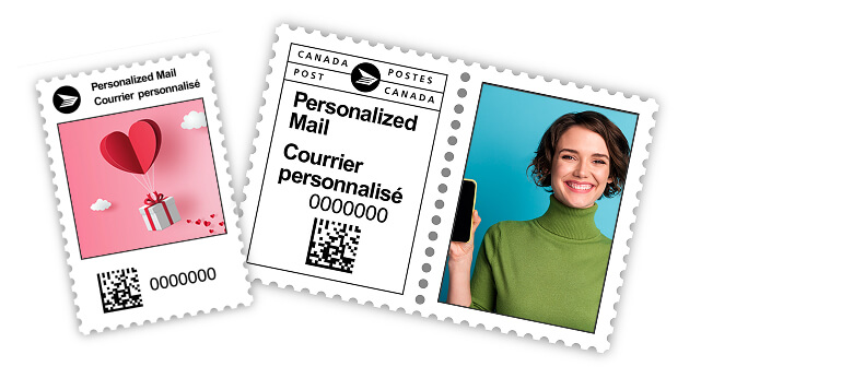 Deux vignettes postales de Courrier personnalisé, une avec une photo d'une femme souriante et une avec une illustration d'un cœur rose et d'un cadeau.