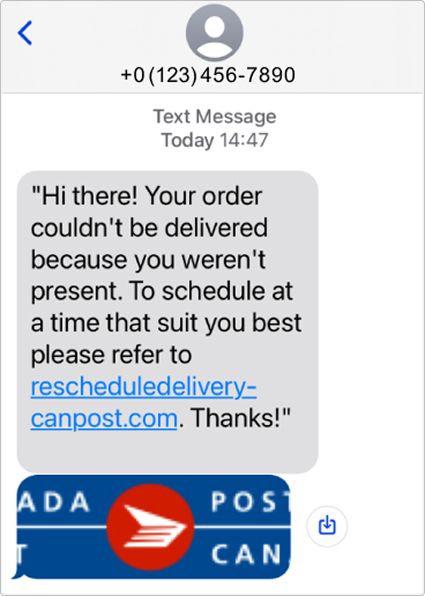 Fraudulent text seeming to be from Canada Post, with wrong sender number, poor grammar and illegitimate link. 