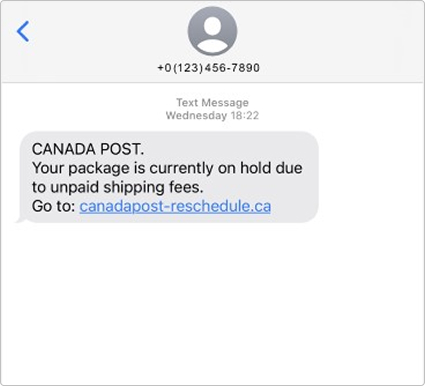 Fraudulent text seeming to be from Canada Post, with wrong sender number, sense of urgency and illegitimate link. 