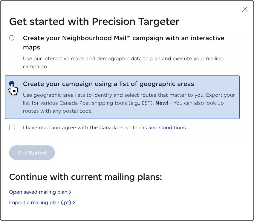 Precision Targeter tool with the “Create your campaign using a list of geographic areas” option highlighted.