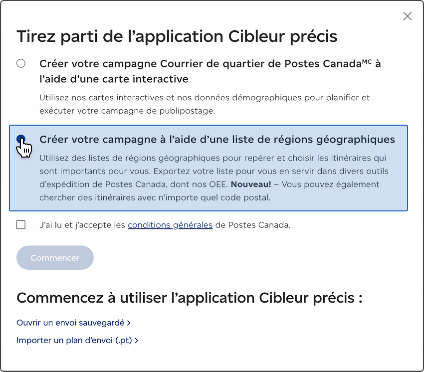 Outil Cibleur précis avec l'option « Créer votre campagne à l'aide d'une liste de régions géographiques » en surbrillance.