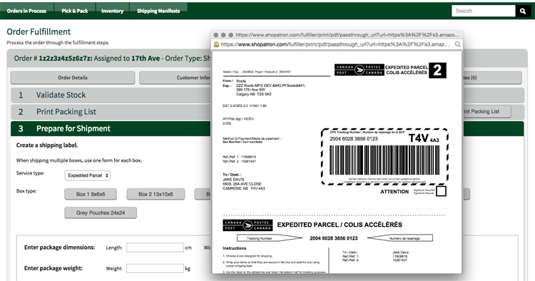 Shopatron - Processing a Order Screen