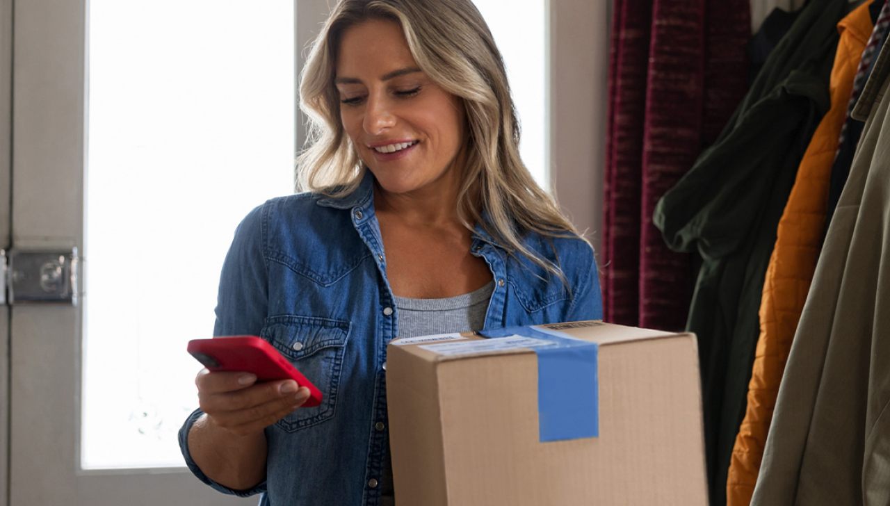 Une femme souriante regarde son téléphone intelligent en tenant un colis.