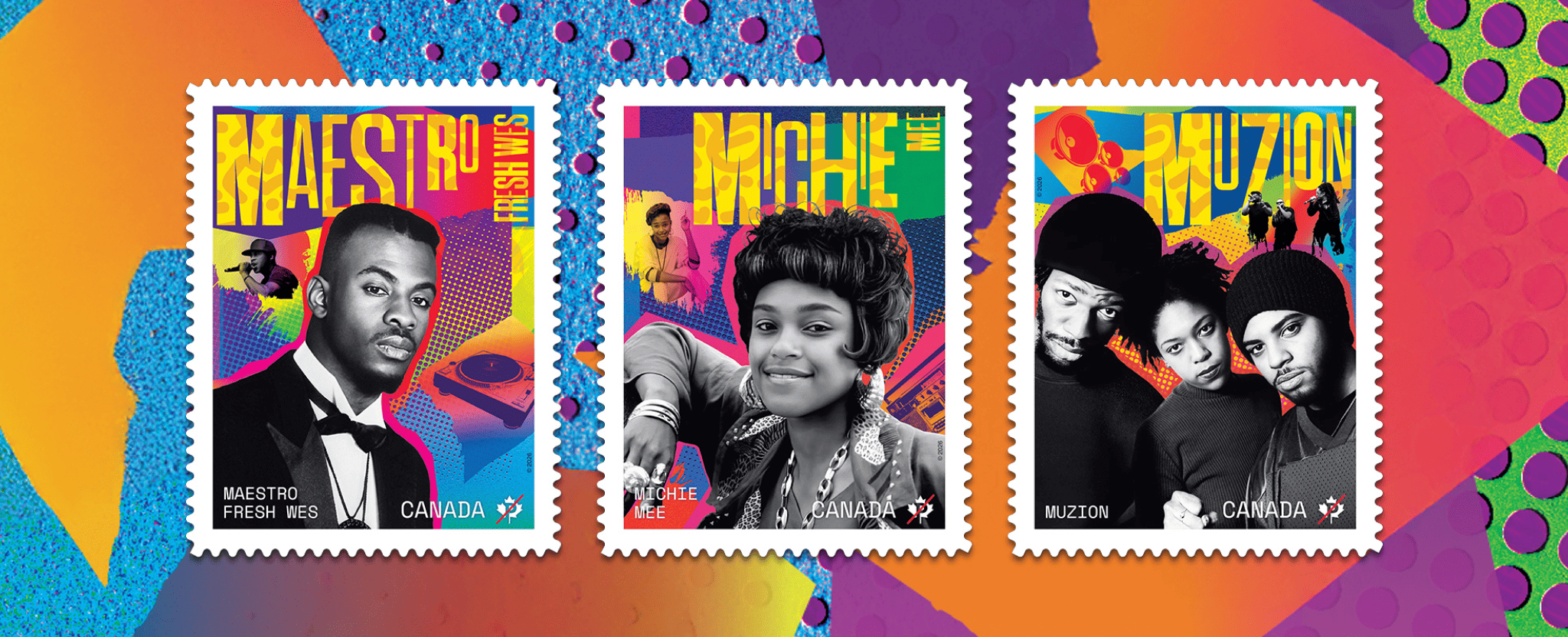 Les trois timbres du Mois de l’histoire des Noirs affichent les artistes avant-gardistes du hip-hop canadien Maestro Fresh Wes, Michie Mee et Muzion