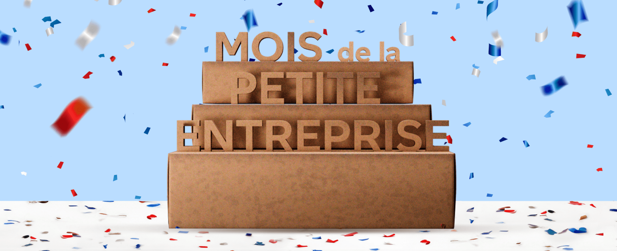 Une pile de boîtes d’expédition avec les mots Mois de la petite entreprise et des confettis.